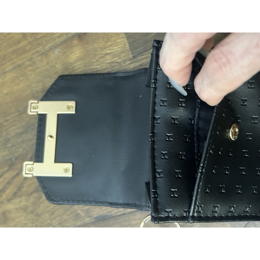 Halston Black Folded Wallet Women Logo Credit Card Gold Hardware Keychain - Picture 5 of 6